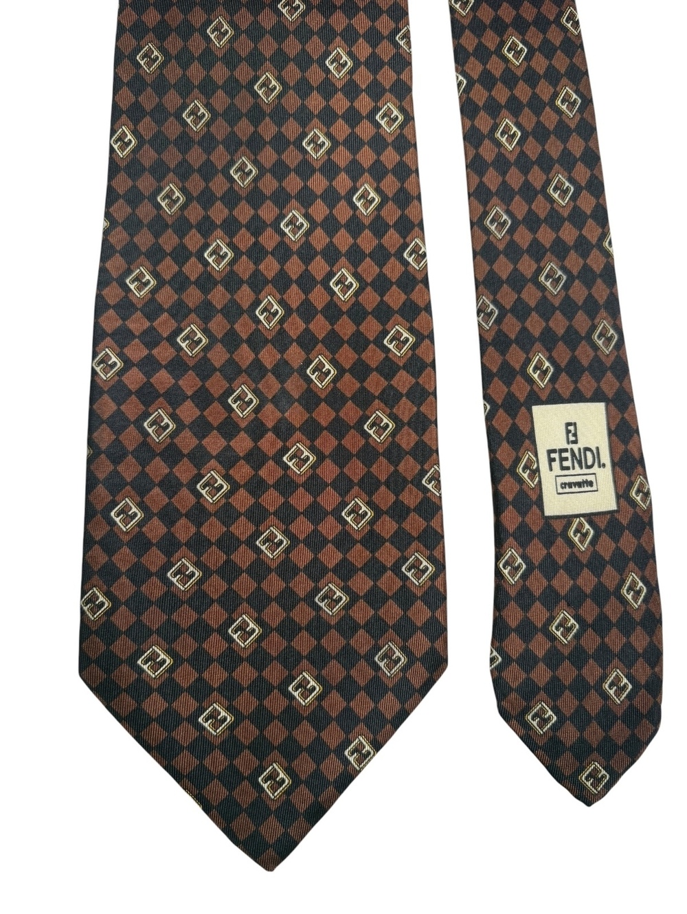 Fendi 100% Silk Brown Cream Geometric Made in Italy Men's Designer Tie